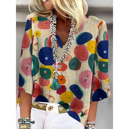 Women Abstract Three Quarter Sleeve Blouse Spring/Fall Printing V Neck Daily Casual Top