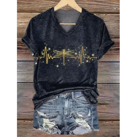 Women Dragonfly Short Sleeve Tee T-shirt V Neck Printing Casual Summer Graphic Tee Top
