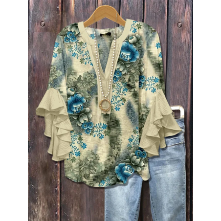 Women Floral Half Sleeve Shirt Summer Printing V Neck Daily Casual Top