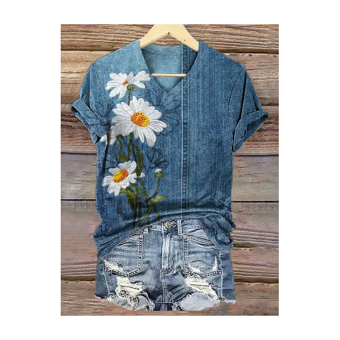 Women Floral Short Sleeve Tee T-shirt V Neck Printing Casual Summer Graphic Tee Top