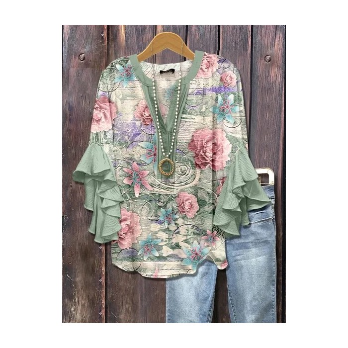 Women Floral Half Sleeve Shirt Summer Printing V Neck Daily Casual Top