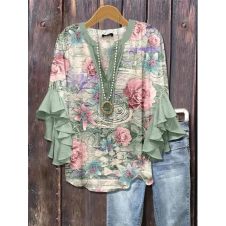 Women Floral Half Sleeve Shirt Summer Printing V Neck Daily Casual Top