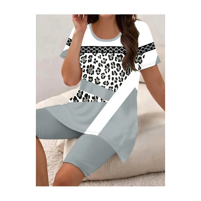 Women Abstract Printing Two-Piece Set Daily Short Sleeve Casual Summer Top With Pants Matching Set