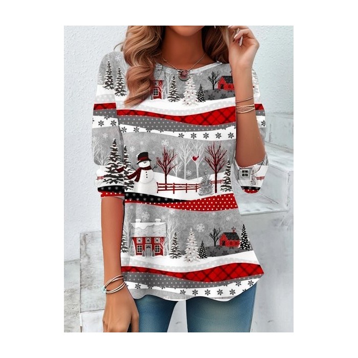 Women's Long Sleeve Tee T-shirt Spring/Fall Christmas Snowman Printing Jersey Crew Neck Daily Going Out Vintage Top