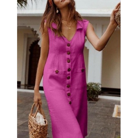 Women Plain Sleeveless Summer Split Joint Dress Stand Collar Daily Vintage Maxi Tank A-Line Dress