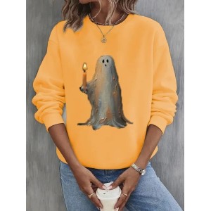 Women Halloween Crew Neck Printing Casual Spring/Fall Long Sleeve Sweatshirt