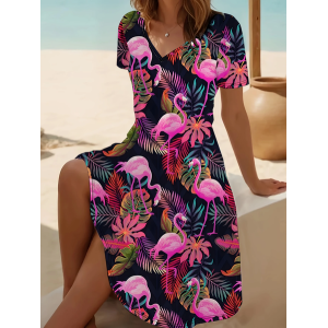 Women Flamingo Short Sleeve Summer Printing Dress V Neck Daily Casual Midi Fit & Flare Dress A-Line Dress