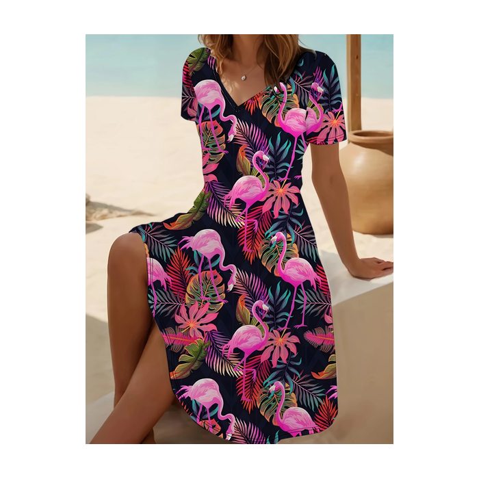 Women Flamingo Short Sleeve Summer Printing Dress V Neck Daily Casual Midi Fit & Flare Dress A-Line Dress