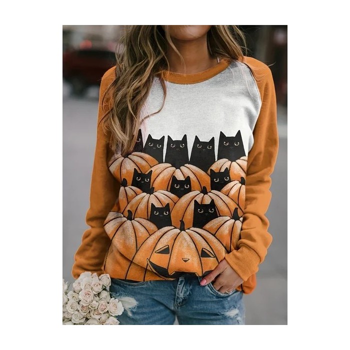 Women's Crew Neck Halloween (pumpkin) Printing Vintage Spring/Fall Long Sleeve Sweatshirt
