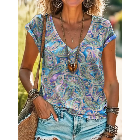 Women Paisley Short Sleeve Tee T-shirt V Neck Printing Casual Summer Graphic Tee Top