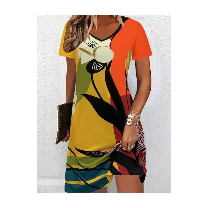 Women Abstract Short Sleeve Summer Dress V Neck Daily Casual Midi Fit & Flare Dress A-Line Dress
