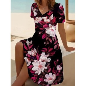Women Floral Short Sleeve Summer Printing Dress V Neck Daily Casual Midi Fit & Flare Dress A-Line Dress