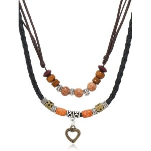Artistic Retro Butterfly Alloy Multi-layer Wooden Beads Knotted Pullable Hand-woven Necklace
