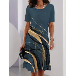 Women Abstract Short Sleeve Summer Printing Dress Crew Neck Daily Vintage Midi Tunic H-Line Dress