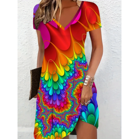 Women Abstract Short Sleeve Summer Dress V Neck Daily Casual Midi Fit & Flare Dress A-Line Dress