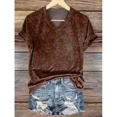 Women Floral Short Sleeve Tee T-shirt V Neck Printing Casual Summer Graphic Tee Top