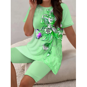 Women Floral Printing Two-Piece Set Daily Short Sleeve Casual Summer Top With Pants Matching Set
