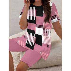 Women Abstract Stripes Printing Two-Piece Set Daily Short Sleeve Casual Summer Top With Pants Matching Set