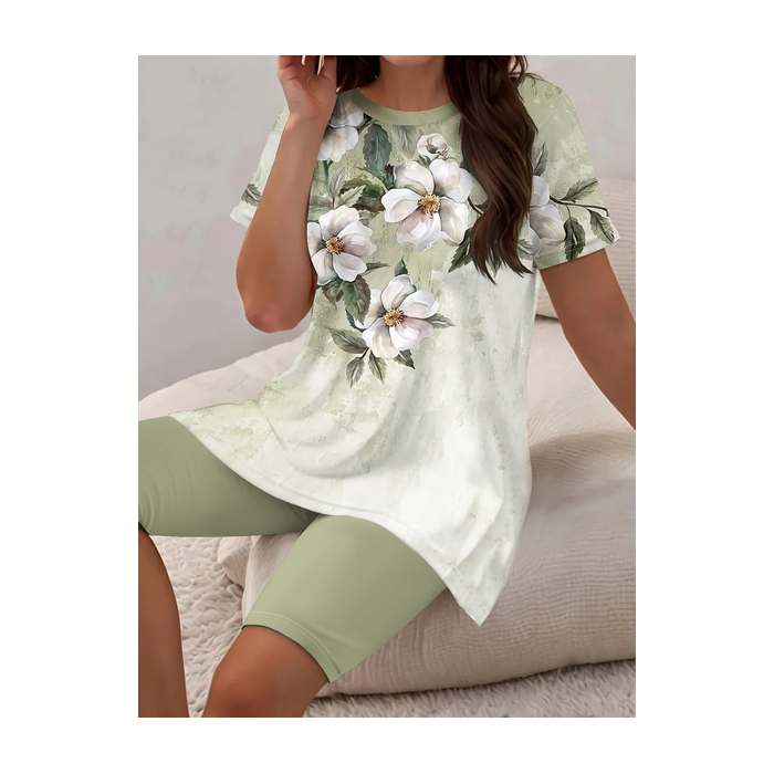Women Floral Printing Two-Piece Set Daily Short Sleeve Casual Summer Top With Pants Matching Set