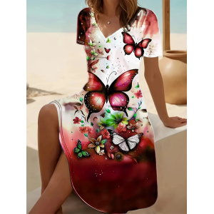 Women Floral Short Sleeve Summer Printing Dress V Neck Daily Casual Midi Fit & Flare Dress A-Line Dress