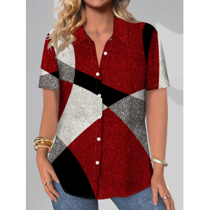 Women Geometric Short Sleeve Shirt Summer Printing Shirt Collar Daily Casual Top