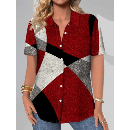 Women Geometric Short Sleeve Shirt Summer Printing Shirt Collar Daily Casual Top