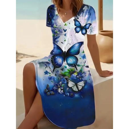 Women Floral Short Sleeve Summer Printing Dress V Neck Daily Casual Midi Fit & Flare Dress A-Line Dress