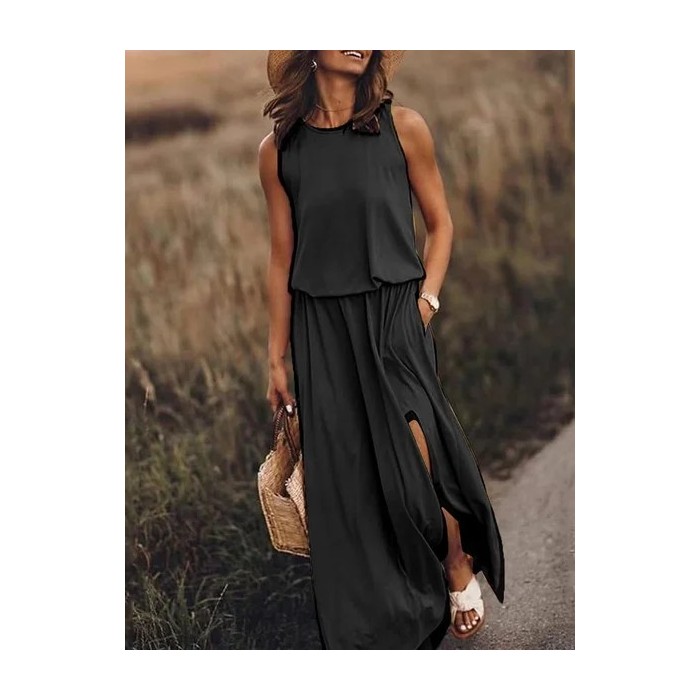 Women Plain Sleeveless Summer Split Joint Dress Crew Neck Daily Vintage Maxi Tank A-Line Dress