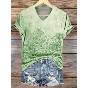 Women Floral Short Sleeve Tee T-shirt V Neck Printing Casual Summer Graphic Tee Top