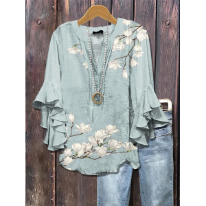 Women Floral Half Sleeve Shirt Summer Printing V Neck Daily Casual Top
