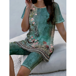 Women Floral Printing Two-Piece Set Daily Short Sleeve Casual Summer Top With Pants Matching Set