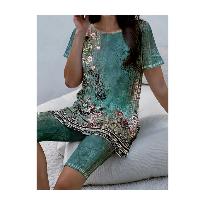 Women Floral Printing Two-Piece Set Daily Short Sleeve Casual Summer Top With Pants Matching Set