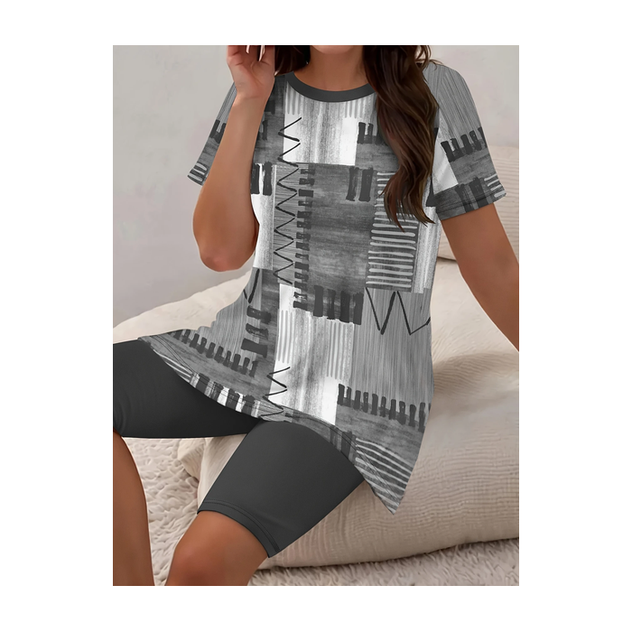Women Abstract Printing Two-Piece Set Daily Short Sleeve Casual Summer Top With Pants Matching Set