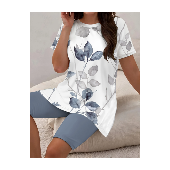 Women Floral Printing Two-Piece Set Daily Short Sleeve Casual Summer Top With Pants Matching Set