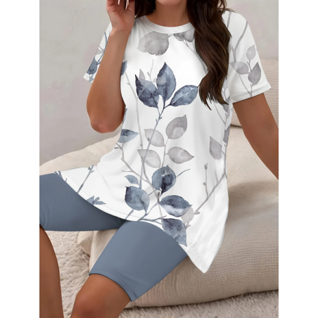 Women Floral Printing Two-Piece Set Daily Short Sleeve Casual Summer Top With Pants Matching Set