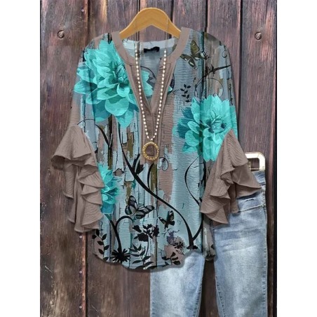 Women Floral Half Sleeve Shirt Summer Printing V Neck Daily Casual Top
