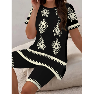 Women Abstract Printing Two-Piece Set Daily Short Sleeve Casual Summer Top With Pants Matching Set