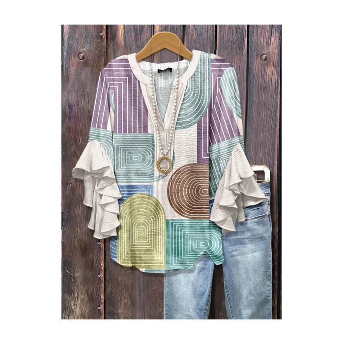 Women Abstract Half Sleeve Shirt Summer Printing V Neck Daily Casual Top