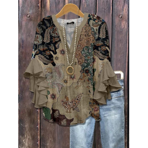 Women Floral Half Sleeve Shirt Summer Printing V Neck Daily Casual Top