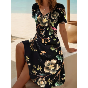 Women Floral Short Sleeve Summer Dress V Neck Daily Casual Midi Fit & Flare Dress A-Line Dress