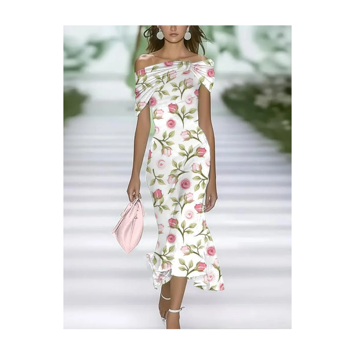 Women Floral Cap Sleeve Summer Printing Dress Cold Shoulder Daily Vintage Maxi H-Line Dress