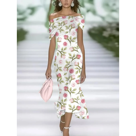 Women Floral Cap Sleeve Summer Printing Dress Cold Shoulder Daily Vintage Maxi H-Line Dress