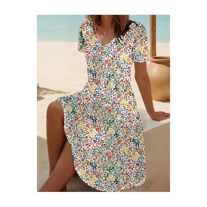 Women Floral Short Sleeve Summer Printing Dress V Neck Daily Casual Midi Fit & Flare Dress A-Line Dress