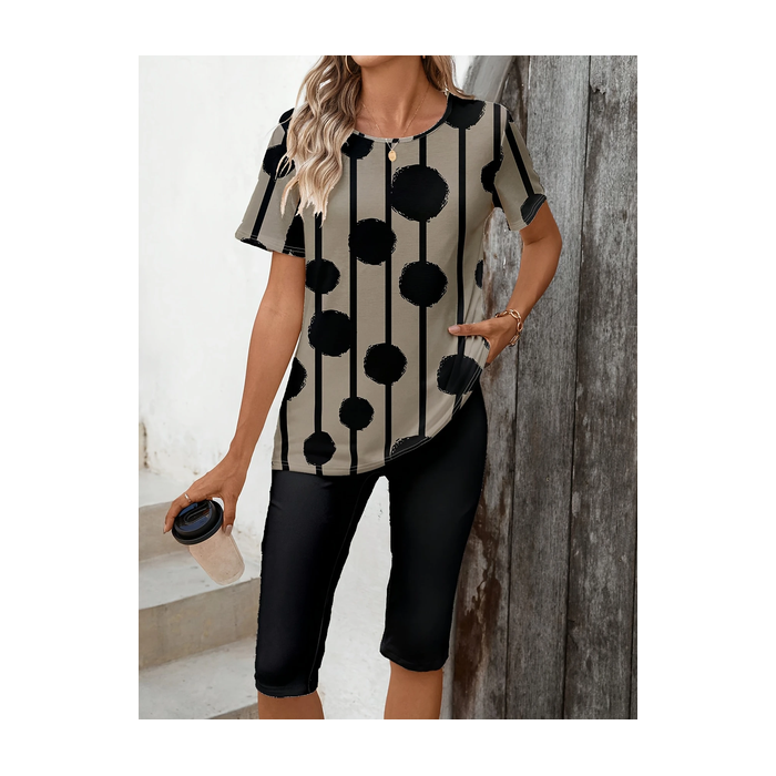 Women Polka Dots Printing Two-Piece Set Daily Short Sleeve Casual Summer Top With Pants Matching Set