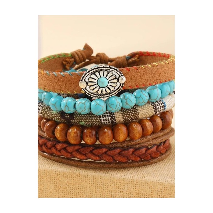 Turquoise Summer New Hot Sale Simple Fashion Bohemian Small Flower Style Turquoise Beaded Wooden Bead Five-piece Bracelet