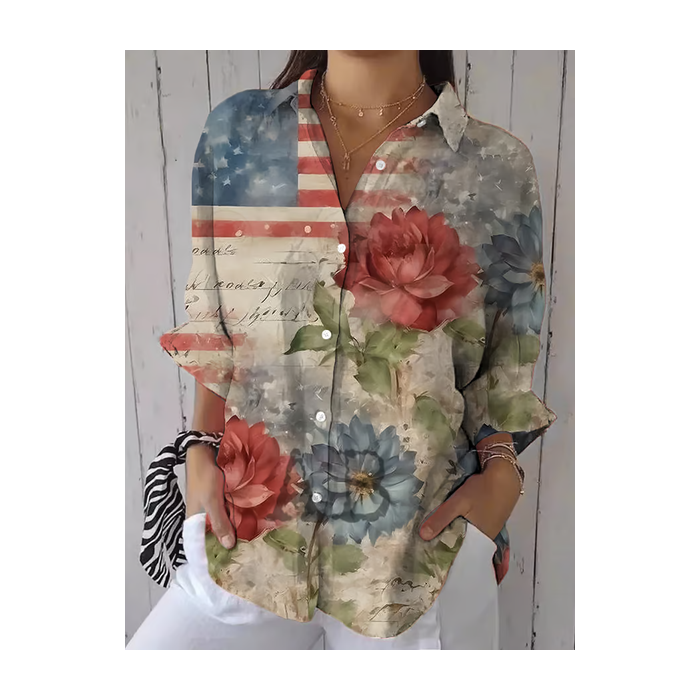 Women Floral Three Quarter Sleeve Shirt Spring/Fall Printing Shirt Collar Daily Casual Top