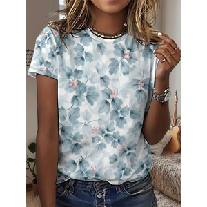 Women Floral Short Sleeve Tee T-shirt Crew Neck Printing Casual Summer Graphic Tee Top