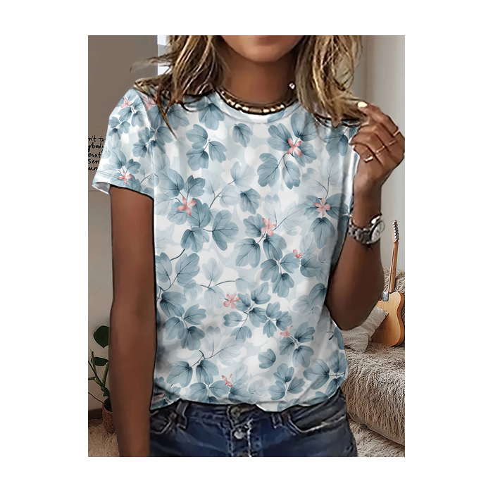 Women Floral Short Sleeve Tee T-shirt Crew Neck Printing Casual Summer Graphic Tee Top