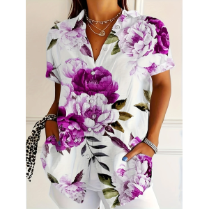 Women Floral Short Sleeve Shirt Summer Printing Shirt Collar Daily Casual Top