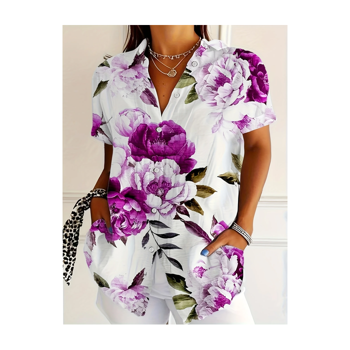 Women Floral Short Sleeve Shirt Summer Printing Shirt Collar Daily Casual Top